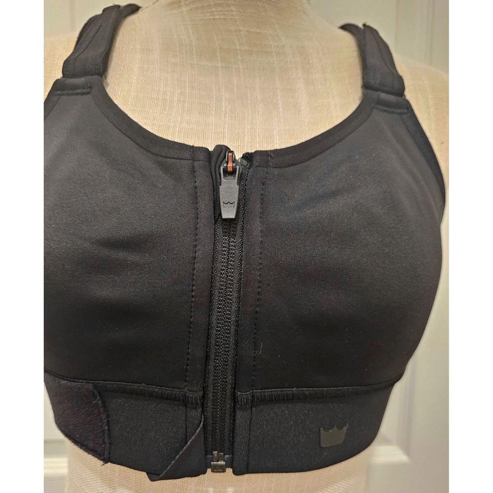 SheFit Flex Sports Bra Black Ghost Design Front Zip Adjustable Size 1Luxe NWOT